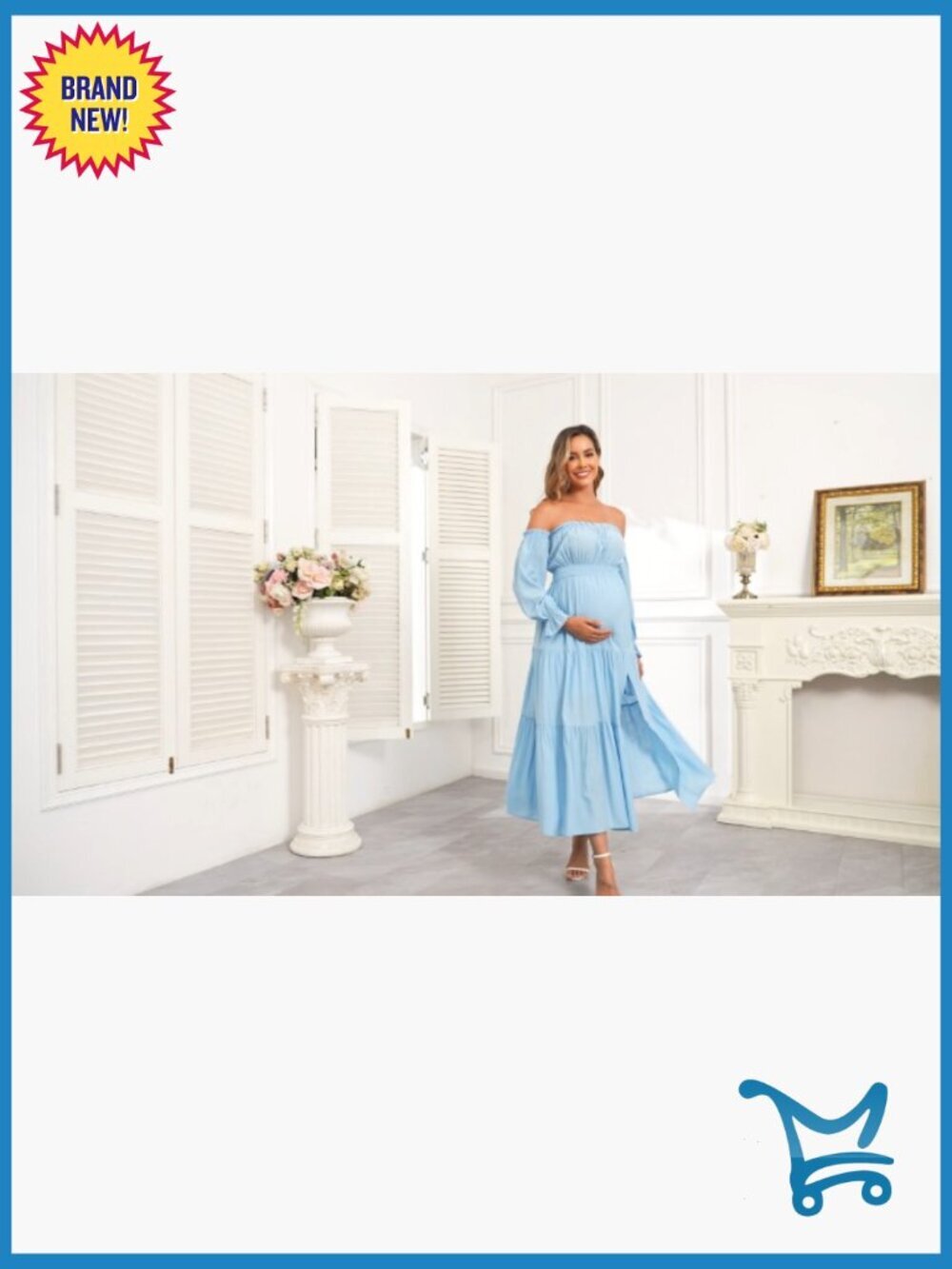 Off Shoulder Maternity Dress, Long Sleeve Side Split Flowy A Line Maxi Dress - Picture 7 of 7